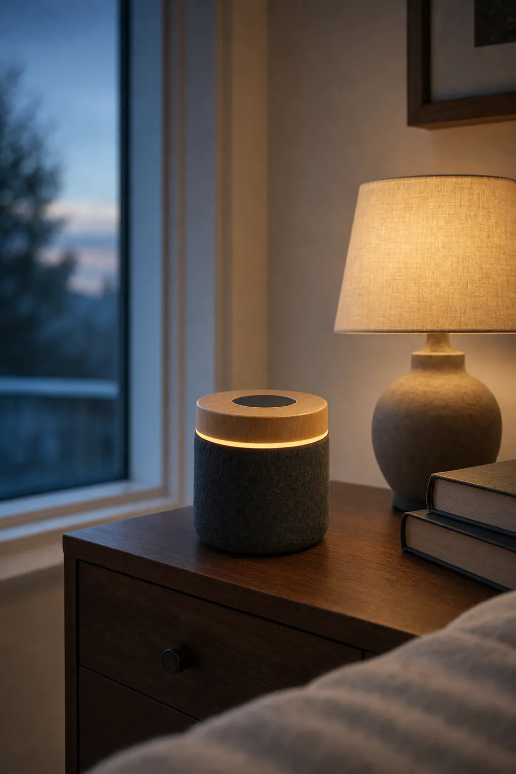 The speaker on a walnut nightstand at dusk, its band glowing dimly beside a lamp.