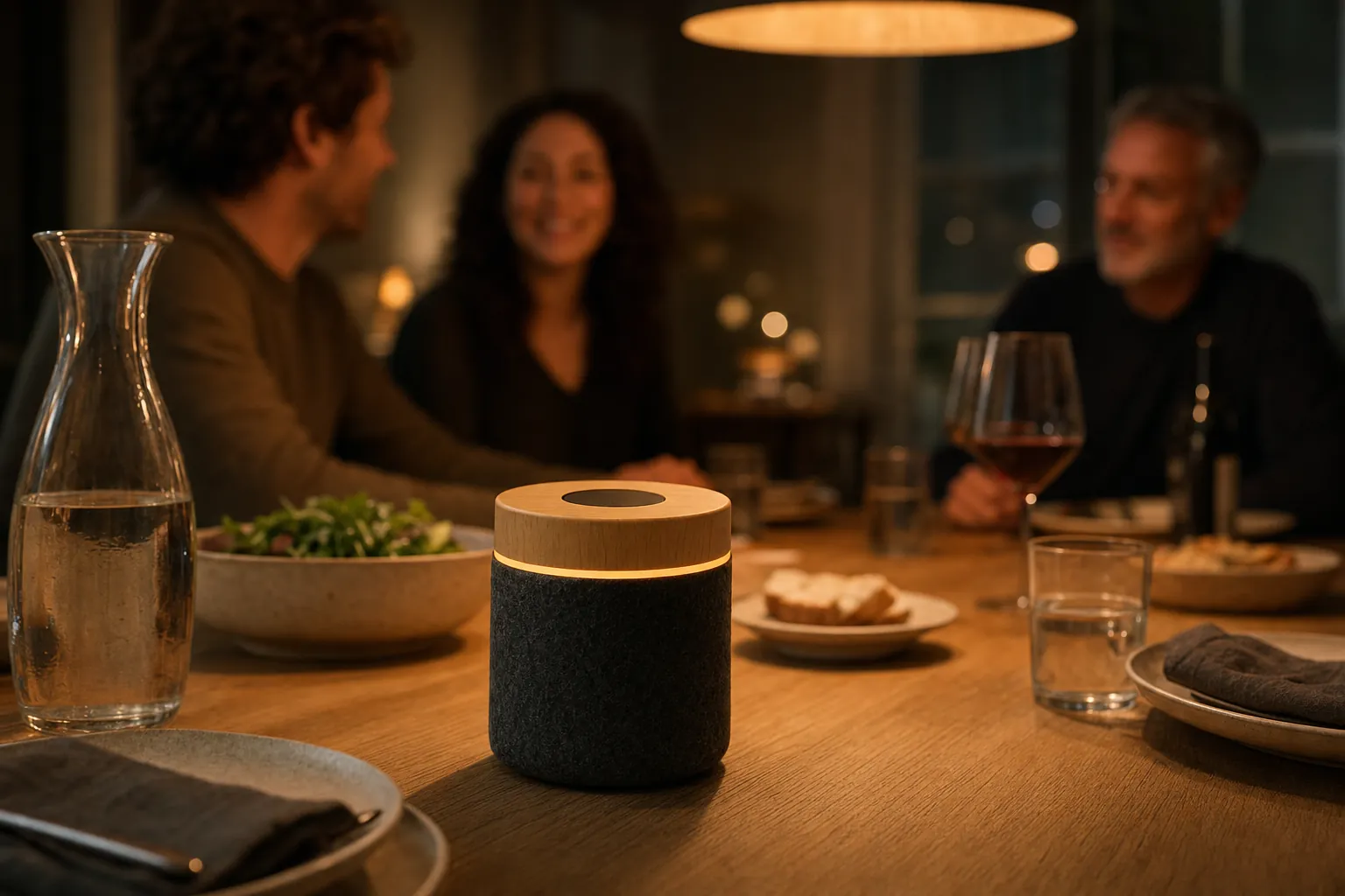 The speaker glowing on a dining table during dinner, with people talking in the background.
