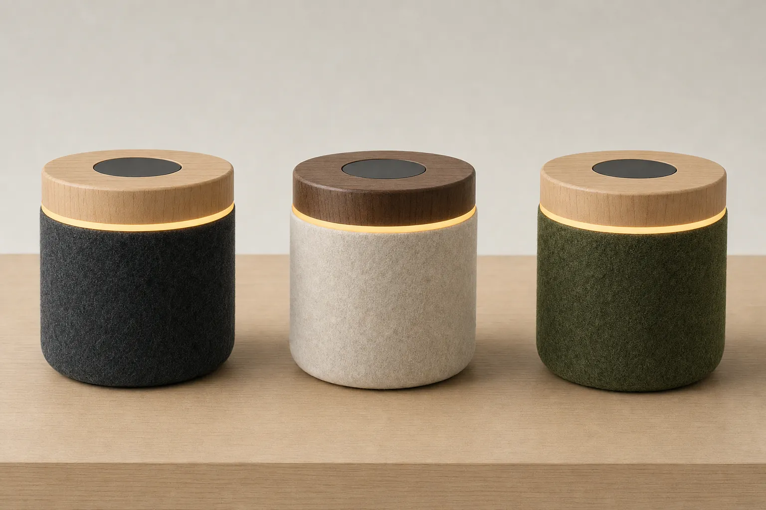 Three ecce speakers side by side: charcoal felt with ash, oat felt with walnut, and moss green felt with ash.