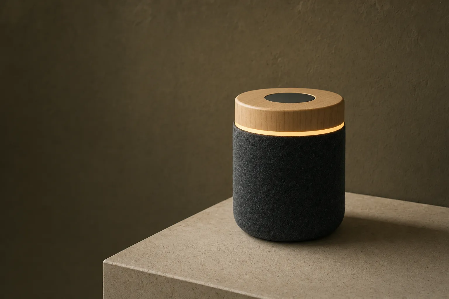 The ecce speaker on a travertine block: a short charcoal felt cylinder with an ash wood cap and a softly glowing amber band where they meet.