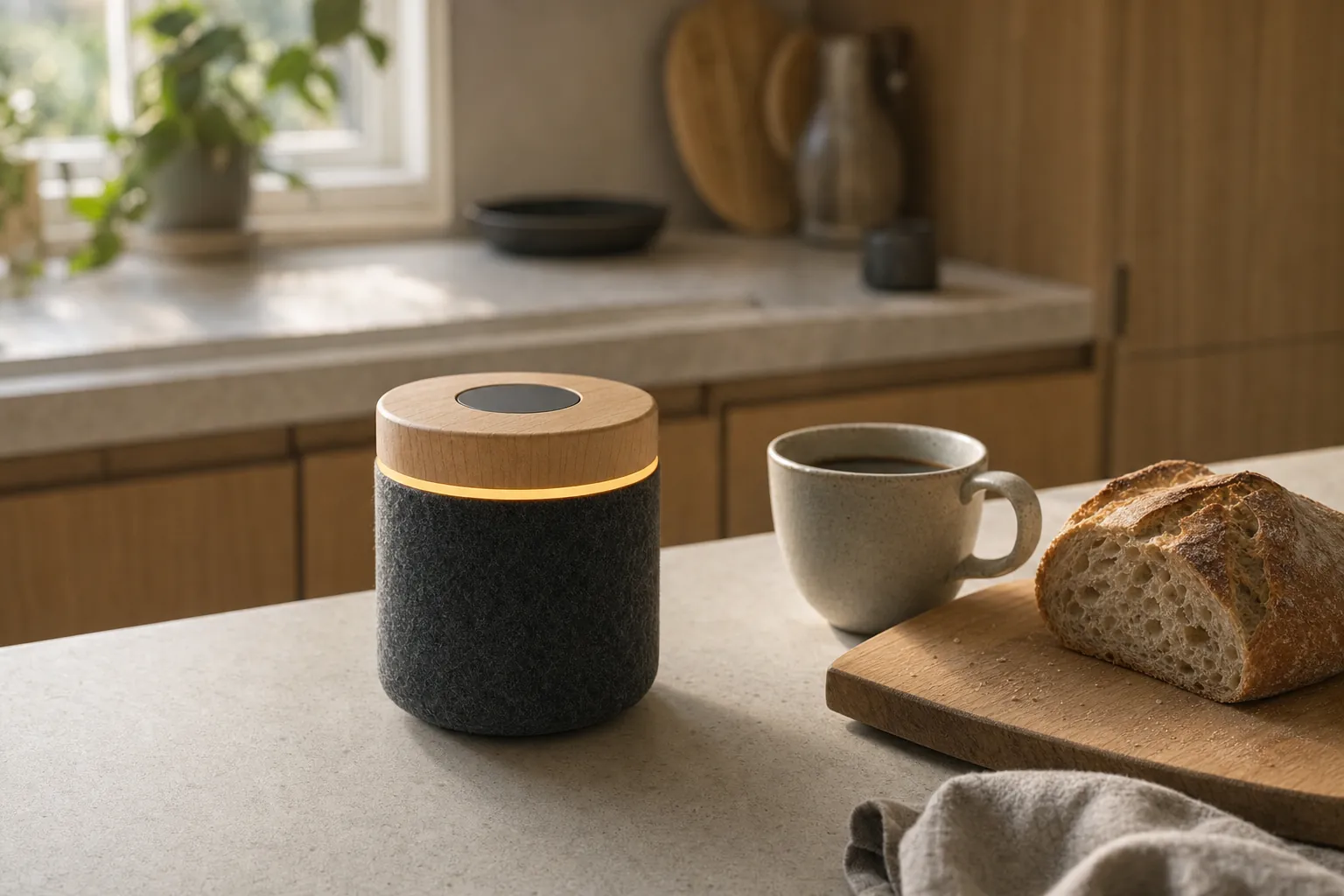 The speaker in a sunny kitchen beside bread and coffee.